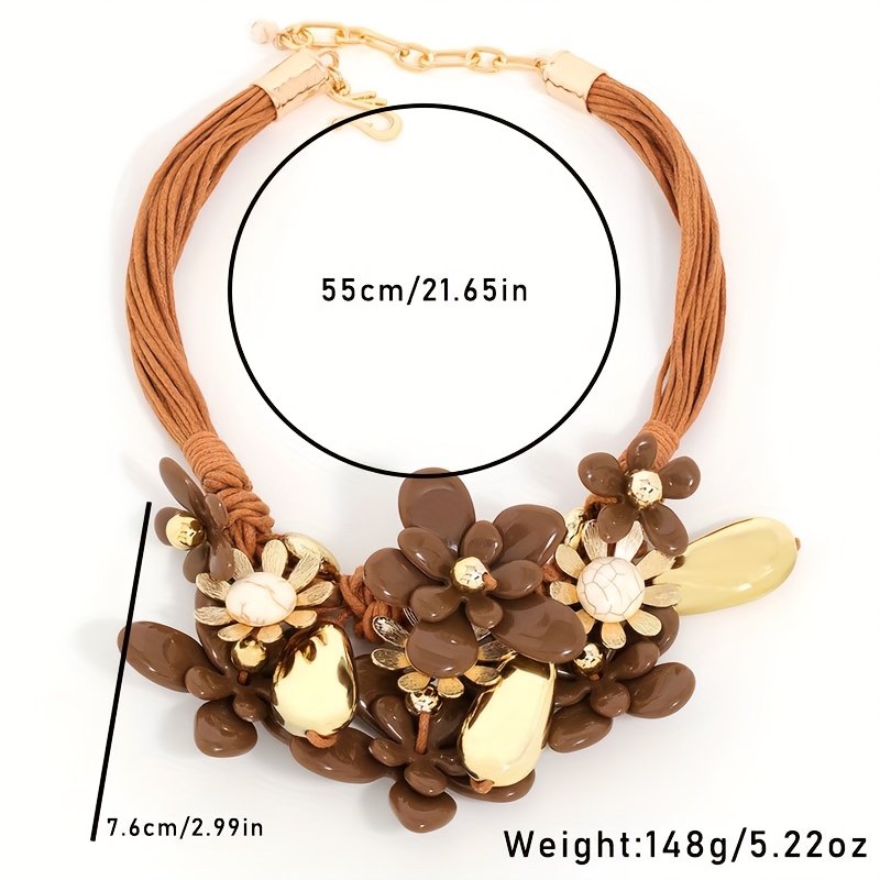 Boho Brown Resin Floral & Geometric Pendant Layer Necklace